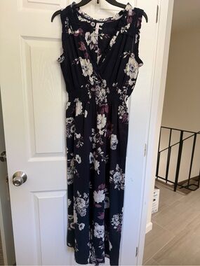 Xhilaration Navy Floral Sleeveless Jumpsuit with Smocked Waist
